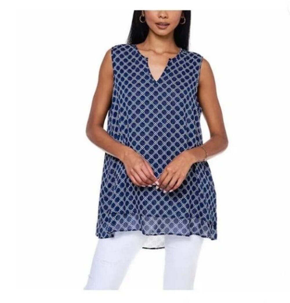 Cristina B Blue & White Geometric Print Sleeveless Tunic Top - XS